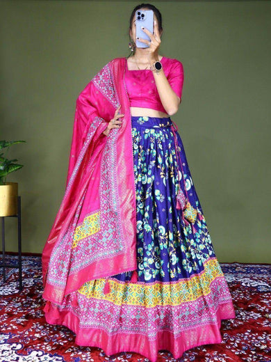Stunning Blue Floral Printed Dola Silk Festival Wear Lehenga Choli